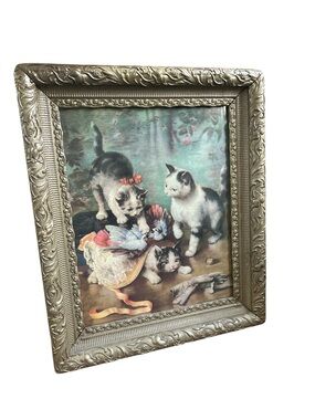 Large Vintage Framed Kitten Print in Ornate Gold Frame